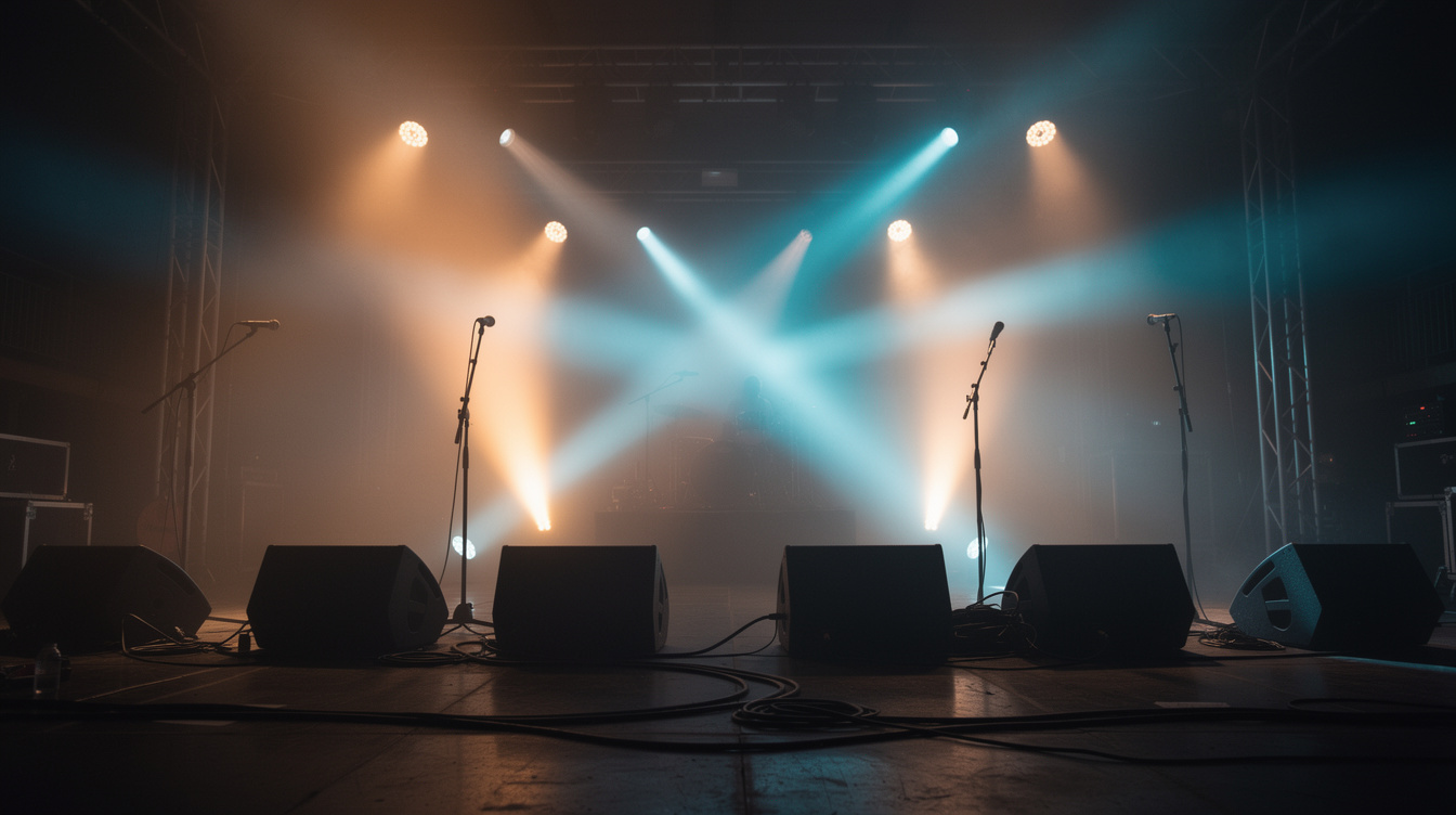 Concert stage with dramatic colored lighting and haze